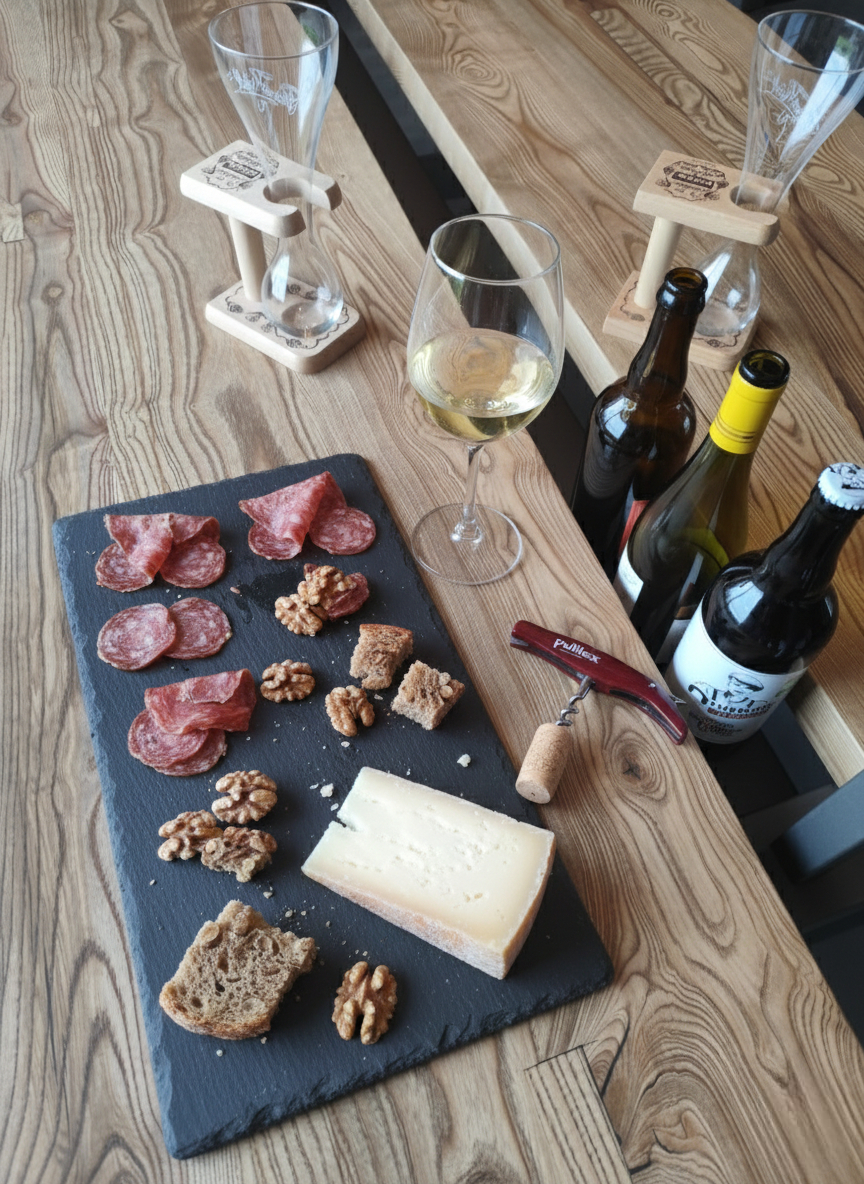 Gros plan sur le centre d'une table guinguette montrant une goulotte en creux conçue pour accueillir des bouteilles, des décorations ou faire passer des câbles.