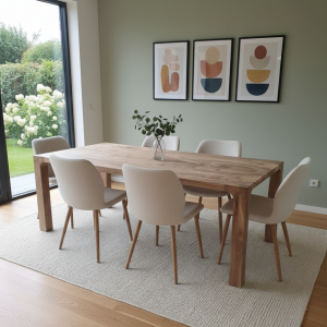 Table compacte de salle à manger artisanale en noyer massif, modèle unique sur mesure.