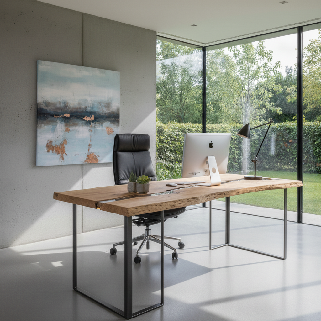 Bureau en bois sur mesure en chêne massif, avec des pieds en métal noir. Réalisation PIHANA.