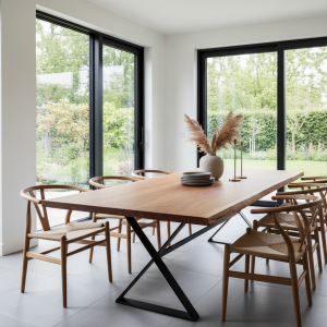 Grande table repas chêne naturel, piètement design pour optimisation assises, fabrication artisanale
