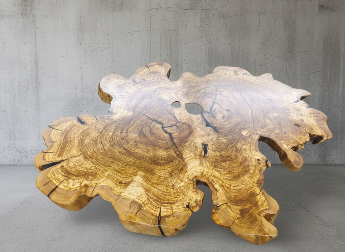 Table ronde unique au monde en tranche d'olivier massif plusieurs fois centenaire voir millénaire.