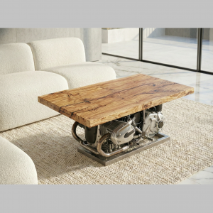 Meuble salon unique bois brut et bloc moteur moto vintage