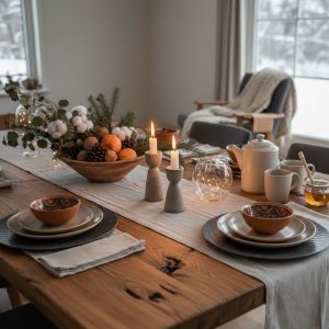 Table de salle à manger en bois massif avec décoration hivernale cocooning, lin et bougies
