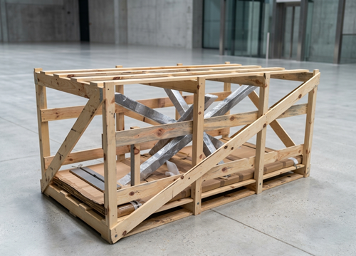 Caisse de transport en bois contenant un piètement de table en métal croisé et un plateau protégé. Ébénisterie haut de gamme PIHANA