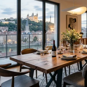 Table de salle à manger en bois massif sur mesure à Lyon, création artisanale par l'ébénisterie Maison PIHANA.