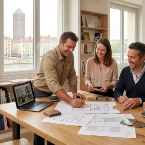 Ébéniste à Lyon présentant un projet sur-mesure à des clients professionnels.