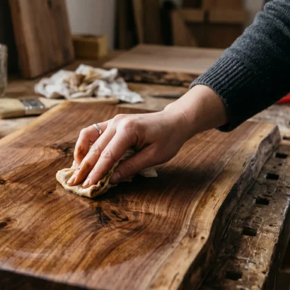 Application d'une finition de protection sur un plateau de table en bois.