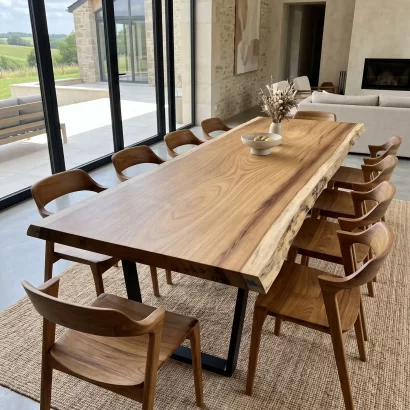 Table à manger artisanale en bois massif dans une salle à manger lumineuse