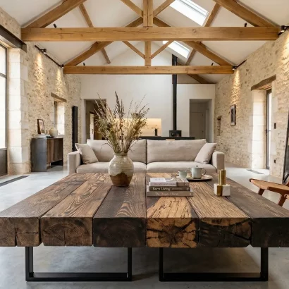 Un plateau en bois recyclé avec des pieds en métal noir.
