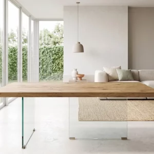 Table de salle à manger en chêne massif brut au toucher rustique avec pieds en verre invisible, modèle MENTON.