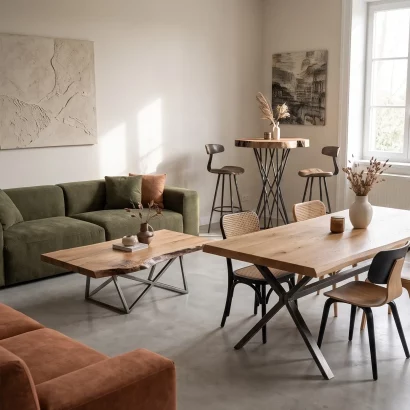 Comparatif en situation de trois hauteurs de tables Pihana sur-mesure pour salle à manger, salon et bar.