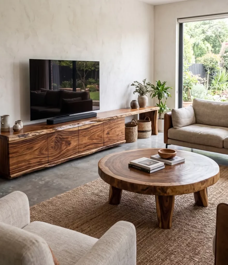 Meuble TV et table basse en bois avec rangements discrets PIHANA