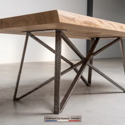 Gros plan sur un pied de table en acier thermolaqué Pihana supportant un plateau en chêne massif de 60mm d'épaisseur.