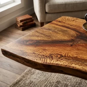 Photographie en gros plan d'un plateau de table en bois massif de chêne artisanal avec une finition mate, montrant la texture du grain et une minuscule inclusion de résine transparente stabilisant un nœud naturel.