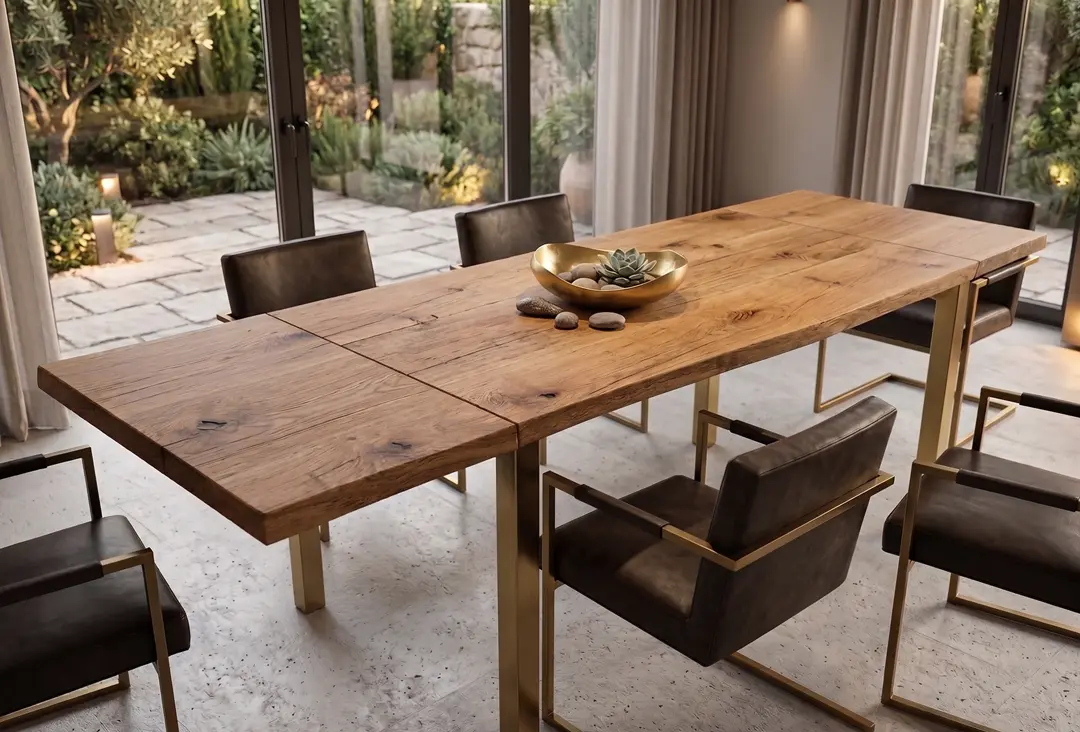 Table extensible bois massif en chêne avec piètement métal doré Table extensible en bois massif de chêne modèle Versailles PIHANA