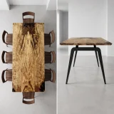 Table bois massif Luxembourg en olivier multicentenaire avec piétement métal noir